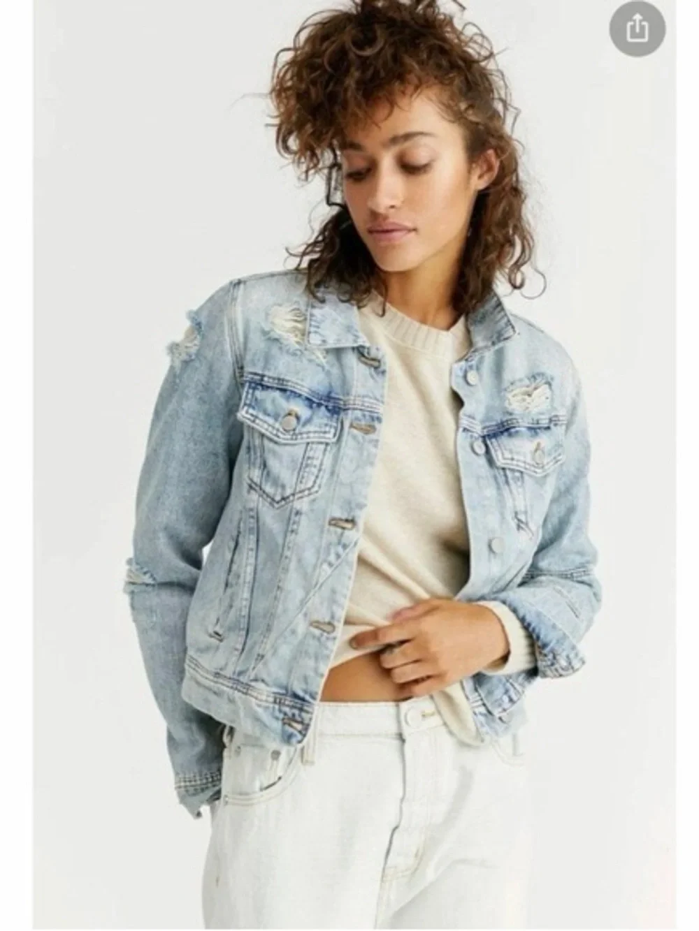 Free People Light Blue Distressed Denim Jacket - Size Medium - Picture 1 of 7